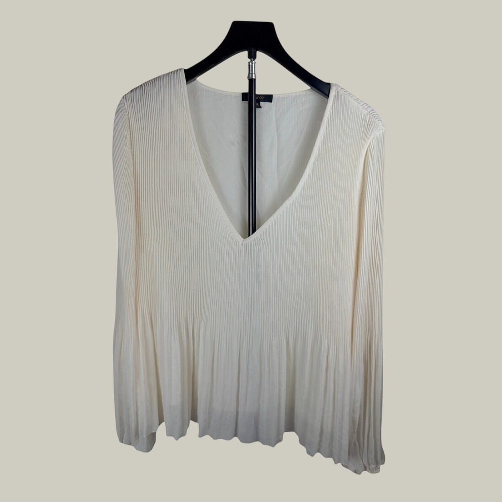 Quince Chiffon Pleated V-Neck Blouse Womens M Ivory Long Sleeve Peplum Top